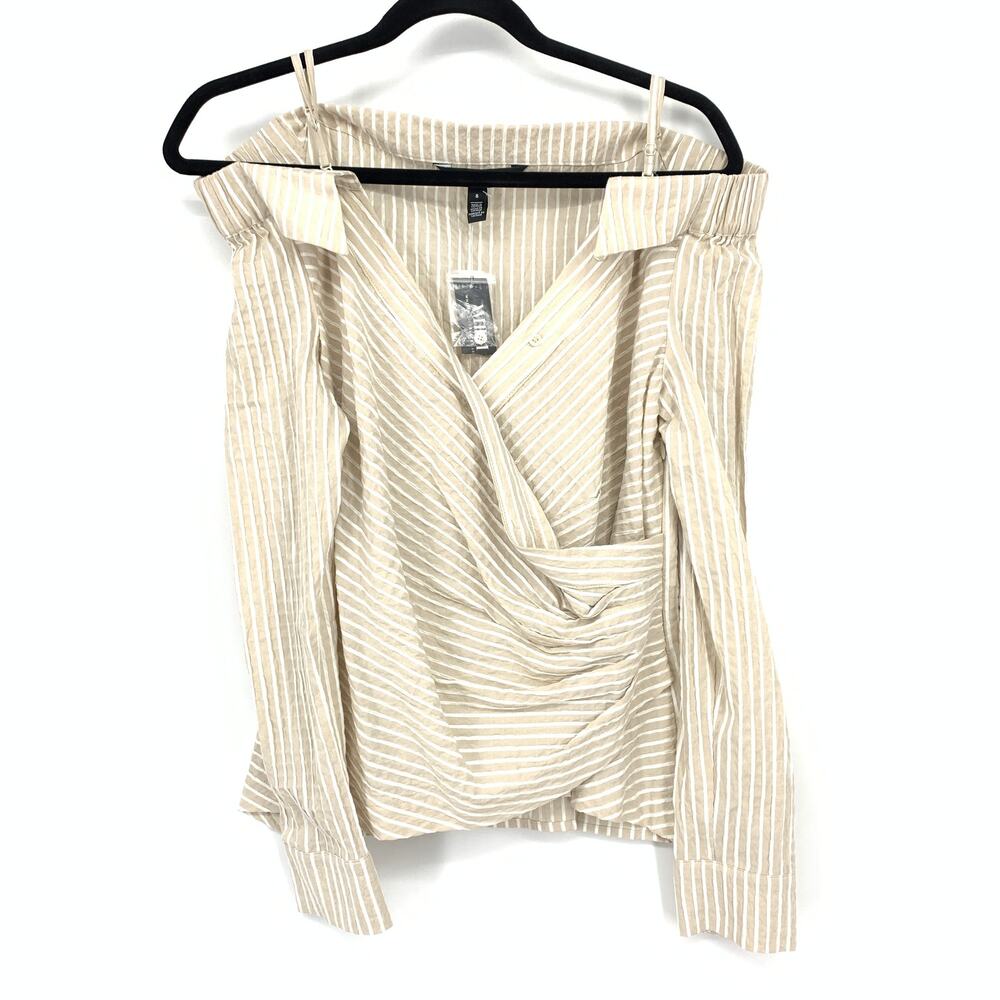 White House Black Market Off The Shoulder Seersucker Blouse Sz 8 Tan White NEW